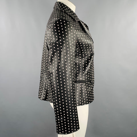AKRIS Size 14 Black White Leather Polka Dot Lambskin Biker Jacket