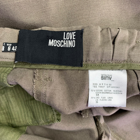 LOVE MOSCHINO Size 6 Khaki Cotton Flax Pleated Elastic Waistband Casual Pants