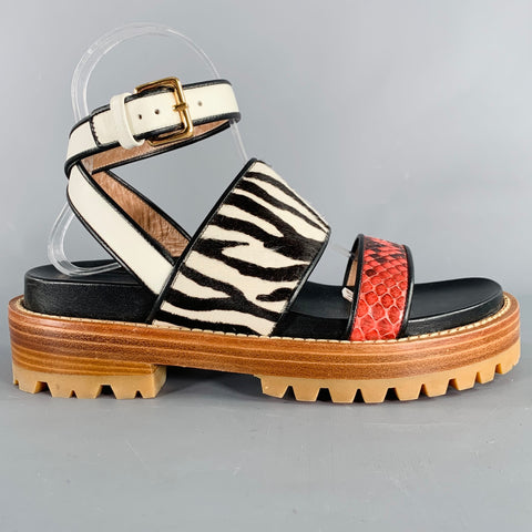 MARNI Size 8 Black Multi Color Leather Mixed Patterns Calf Hair Sandals