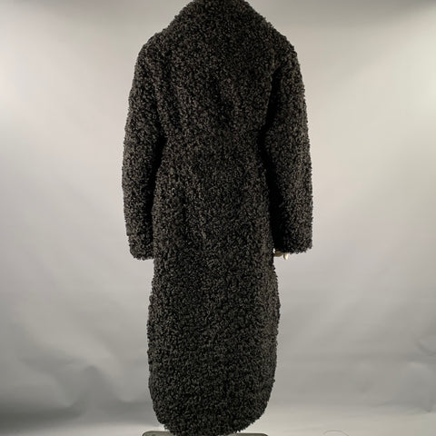 THE FRANKIE SHOP Size L Black Polyester Textured Faux Fur Belted Coat
