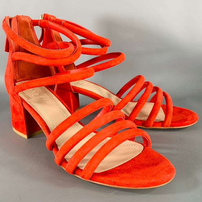SANDRO Size 10 Tessa Red Suede Caged Chunky Heel Sandals
