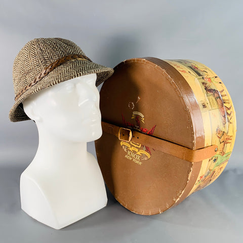 KNOX HATS Vintage Brown Beige Herringbone Braided Leather Trim Fabric Hat