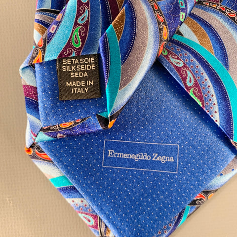 ERMENEGILDO ZEGNA Blue Turquoise Abstract Paisley Silk Satin Tie