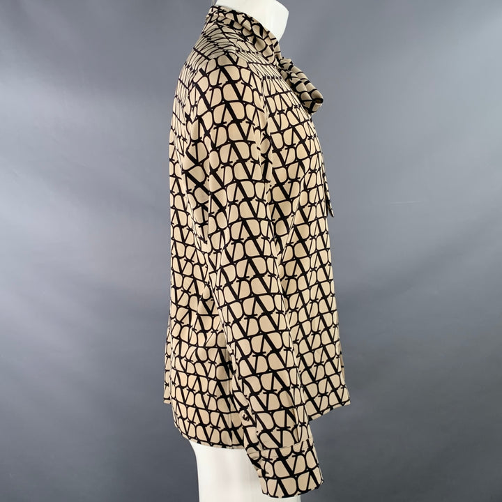 VALENTINO Size M Toile Iconographe Khaki Black Monogram Cotton Bow Long Sleeve Shirt