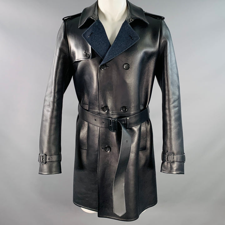 VALENTINO Size 38 Navy Lambskin Leather Double Breasted Belted Trenchcoat