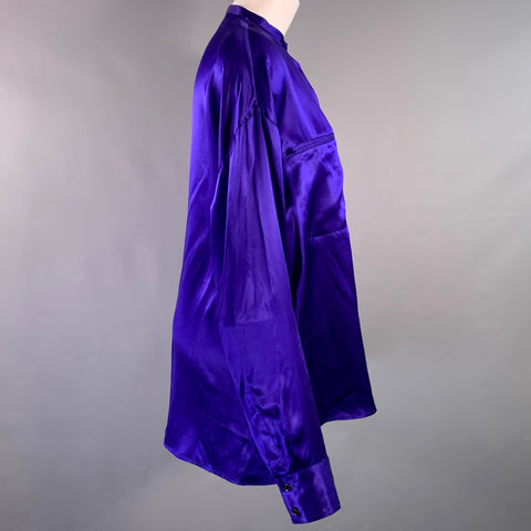 HAIDER ACKERMANN Size S Blue Silk Nehru Collar Hidden Buttons Shirt