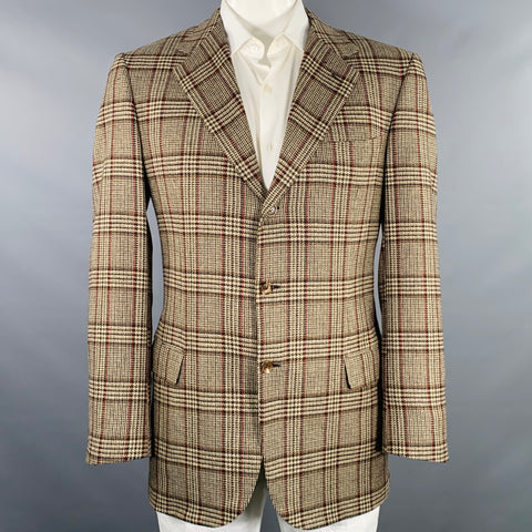 BRIONI Size 42 Long Taupe Black Red Glenplaid Cashmere Sport Coat
