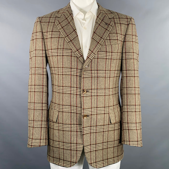 BRIONI Size 42 Long Taupe Black Red Glenplaid Cashmere Sport Coat
