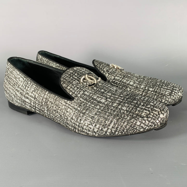 CHANEL Size 8 CC Silver Black Glitter Loafer Flats