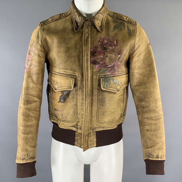 GUCCI by Tom Ford 2003  Size 36 Tan Olive  Multi-Color Hand  Painted Leather Zip Up Jacket