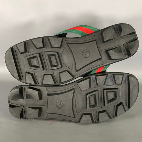 GUCCI Size 10.5 Black Green & Red Stripe Leather Thong Sandals