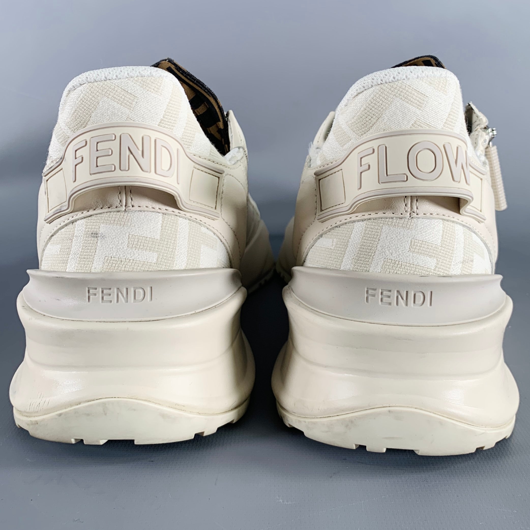 FENDI Size 11 White Off-White Leather Lace Up Zipper Flow Sneakers