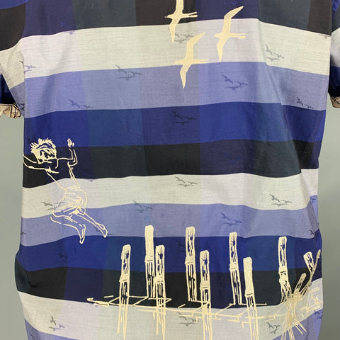 ROBERT GRAHAM Size L Blue Black Grey Stripe Cotton Short Sleeve Shirt