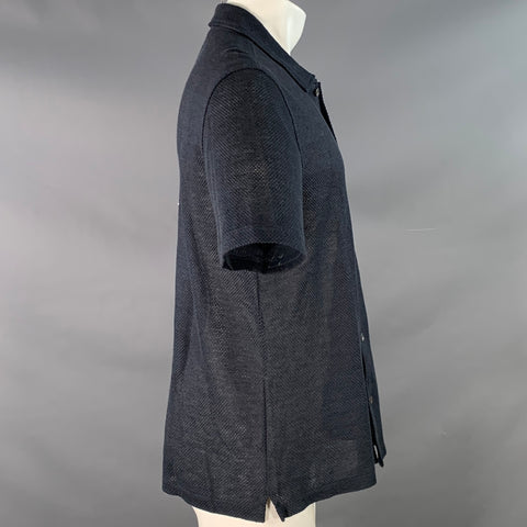 TODD SNYDER Size M Navy Woven Mesh Linen One Pocket Short Sleeve Shirt