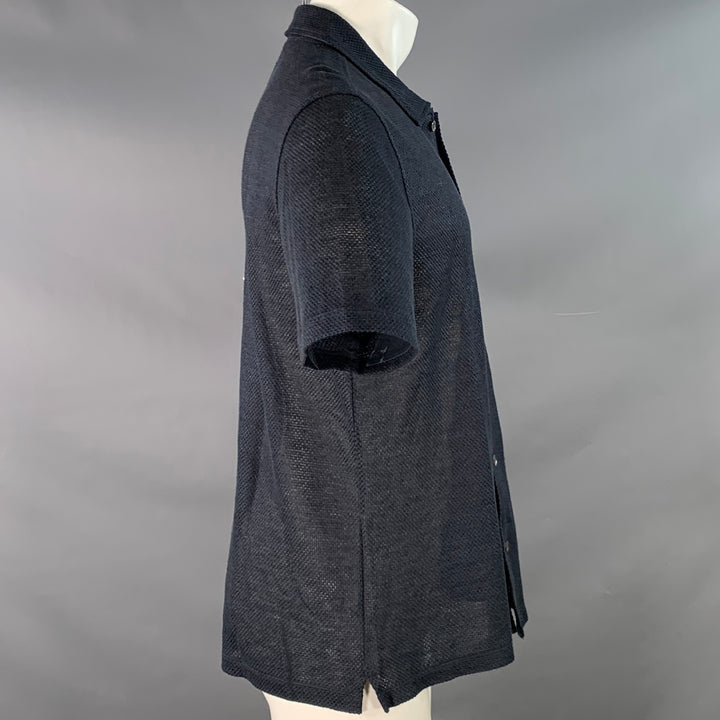 TODD SNYDER Size M Navy Woven Mesh Linen One Pocket Short Sleeve Shirt