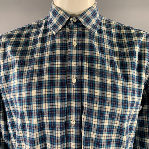 ADAM KIMMEL Size L Blue White Tartan Wool Cotton Long Sleeve Shirt