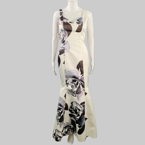 PRABAL GURUNG SS10 Size S White Black Silk Floral V-Neck Mermaid Evening Gown
