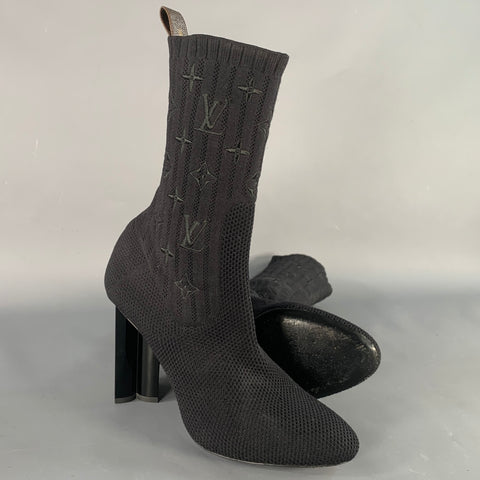 LOUIS VUITTON Size 9 Black Nylon Knit Monogram Chunky Heel Sock Boots