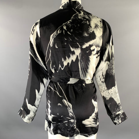 ANN DEMEULEMEESTER Size S Black White Floral Silk Belted Wrap Cardigan