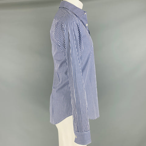 THEORY Size S Navy White Checkered Cotton Button Up Long Sleeve Shirt