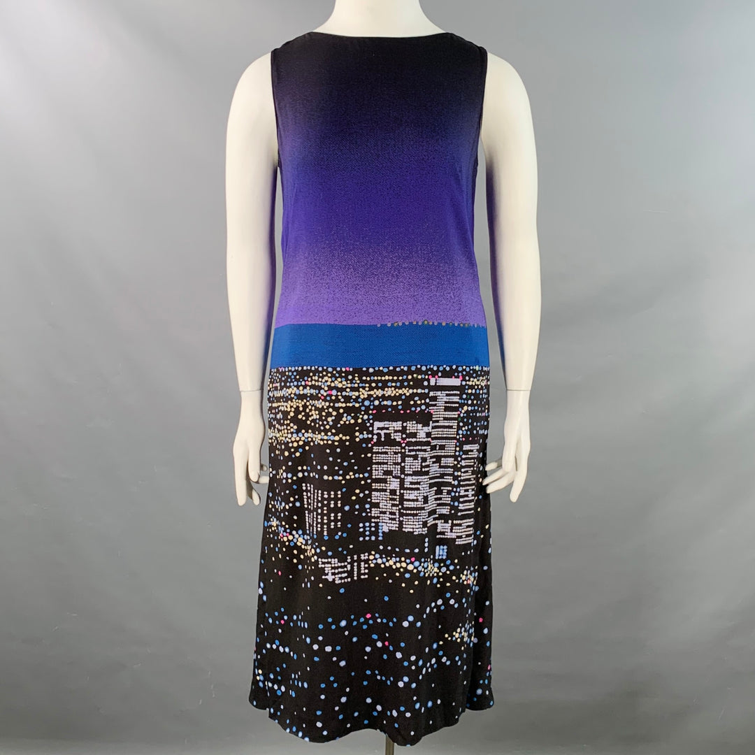 AKRIS Size 10 Black Multi Color Viscose Blend Abstract Cityscape Sleeveless Dress