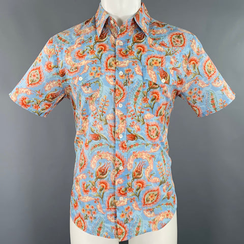 THEORY Size M Blue Multi Color Abstract Floral Paisley Cotton Short Sleeve Shirt