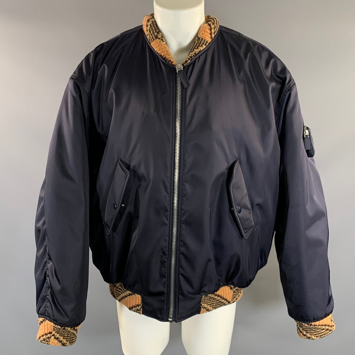 PRADA FW2021 Size S Navy Tan Knit Nylon Bomber Coat