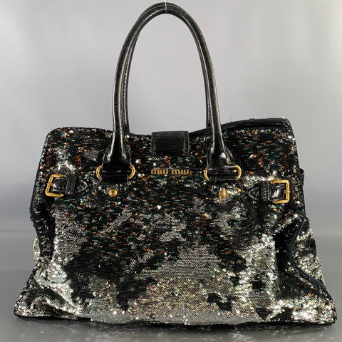 MIU MIU Black Metallic Sequined Leather Top Handles Handbag