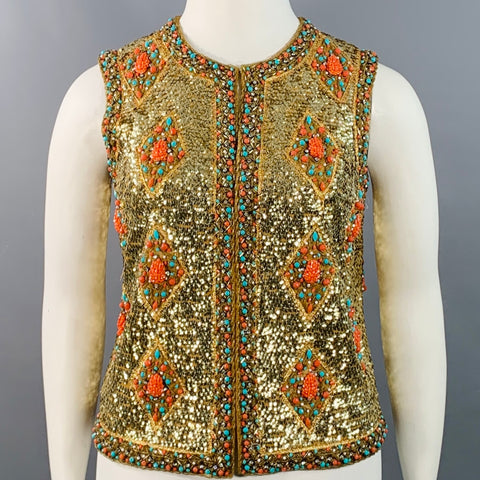 Gilet perlé et brodé VINTAGE Taille L en soie orange ornée de paillettes