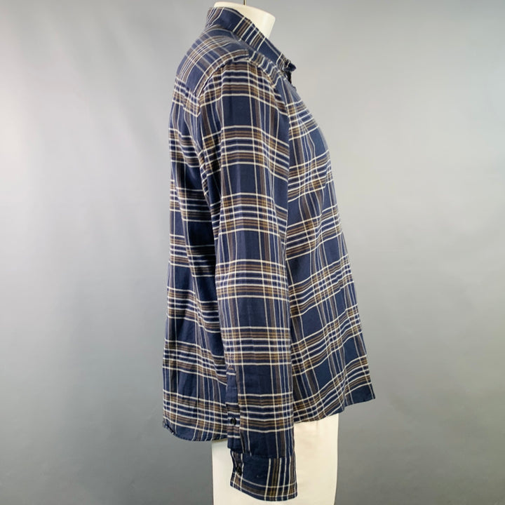 BILLY REID Size XL Navy Grey Plaid Cotton One Pocket Long Sleeve Shirt