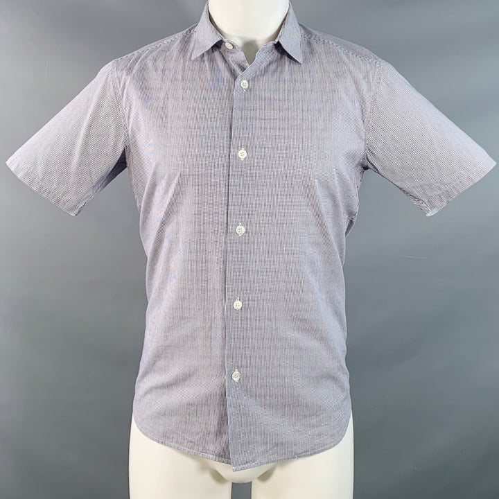 AGNÈS B. Size 38 Navy White Gingham Cotton Button Down Collar Short Sleeve Shirt