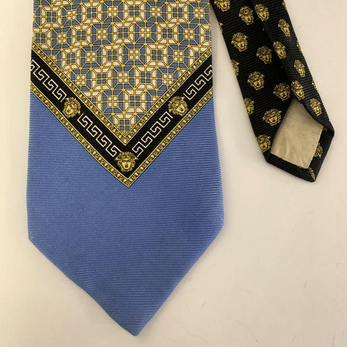 GIANNI VERSACE Blue Gold Squares Silk Tie