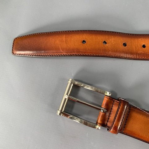 MAGNANNI Size 36 Tan Silver Burnished Leather Belt
