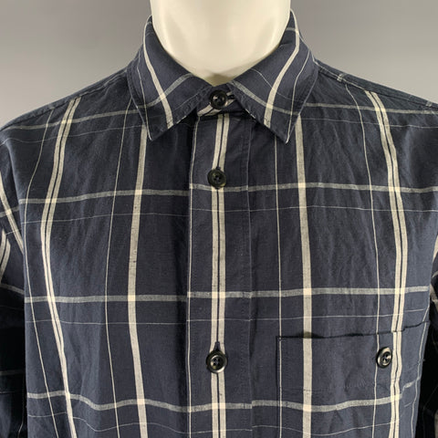MARGARET HOWELL Size M White Navy Tartan Linen Cotton Wool Long Sleeve Shirt