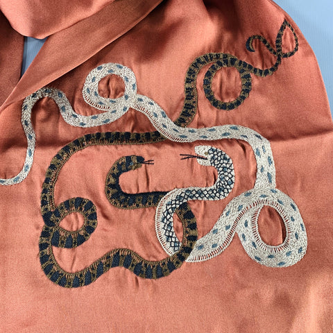 DRIES VAN NOTEN Brown Grey Embroidered Snake Silk Satin Scarf