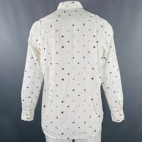 PAUL SMITH Size L White Multi Color Picture Cotton Long Sleeve Shirt