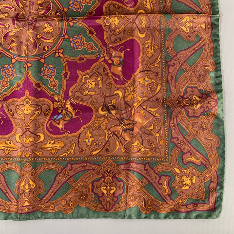 SALVATORE FERRAGAMO Brown Green Equestrian Silk Pocket Square