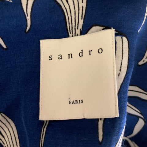 SANDRO Size L Blue White Leaves Rayon Camp Short Sleeve Shirt