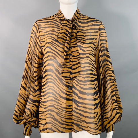 NILI LOTAN Size M Black Brown Silk Animal Print Bow Blouse