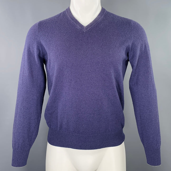 BRUNELLO CUCINELLI Size S Purple Grey Contrast Trim Cashmere V-Neck Pullover