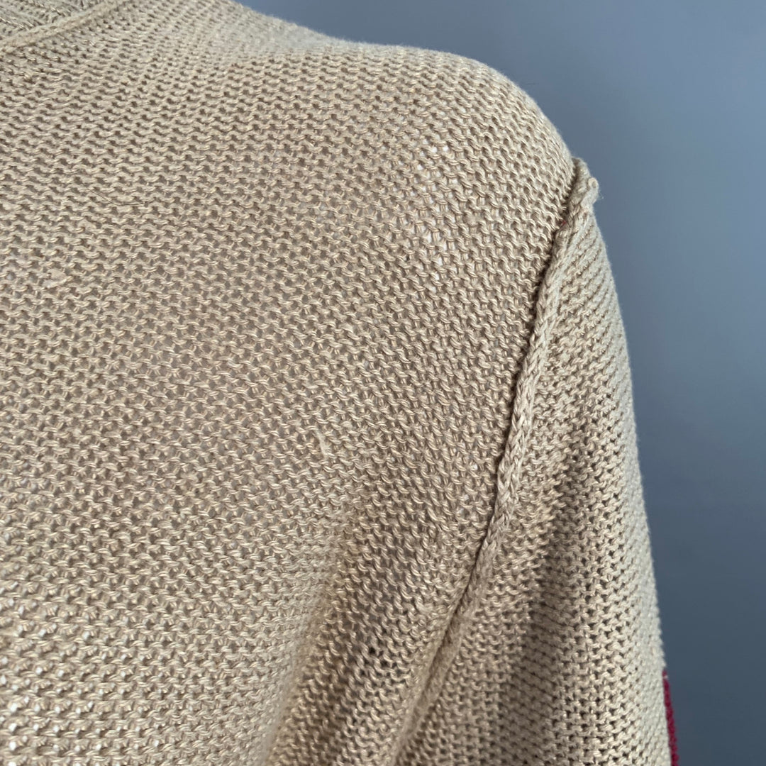 RODARTE for OPENING CEREMONY Size L Beige Red Knit Linen V-Neck Sweater