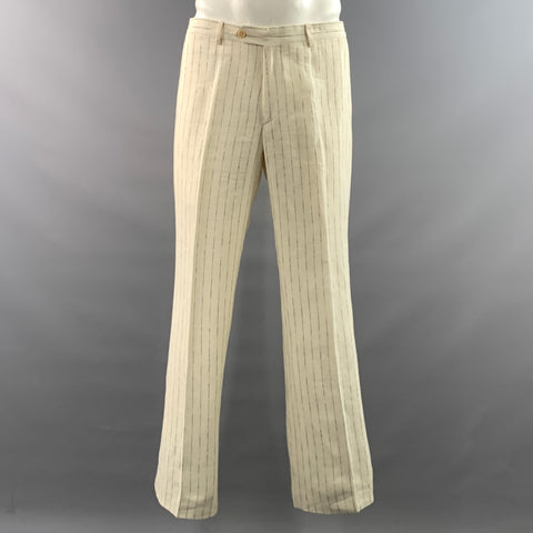 KRIZIA UOMO Chest Size 42 Cream Light Grey Pinstripe Linen 32 31 Suit