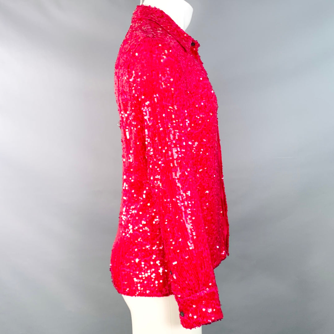 DRIES VAN NOTEN Size M Fuchsia Pink Sequined Viscose Hidden Buttons Long Sleeve Shirt