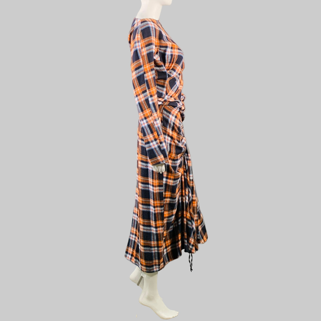 N°21 Size 4 Orange Black White Cotton Plaid Asymmetrical Ruched Maxi Dress