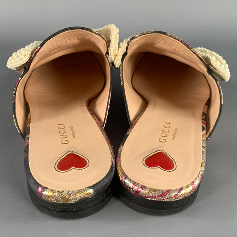 GUCCI Size 9.5 Princetown Black Multi Color Faux Pearl Bows Slip On Flats