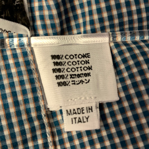 LANVIN Size S White Teal Gingham Cotton Point Collar Long Sleeve Shirt