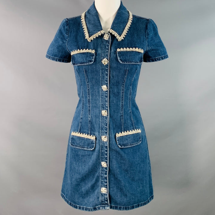 SELF-PORTRAIT Size 4 Blue Silver Denim Twill Rhinestone Trim Mini Dress