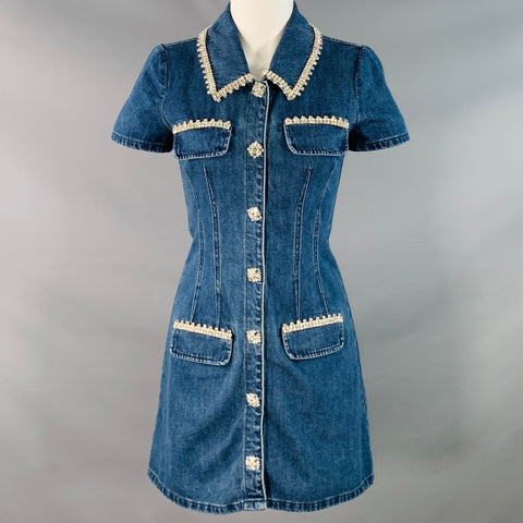 SELF-PORTRAIT Size 4 Blue Silver Denim Twill Rhinestone Trim Mini Dress