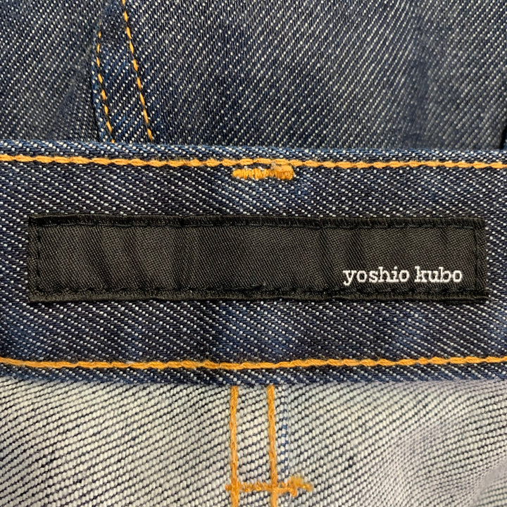 YOSHIO KUBO Size 34 Blue Cotton Blend Twill Contrast Stitch Painted Cuff Cropped Jeans