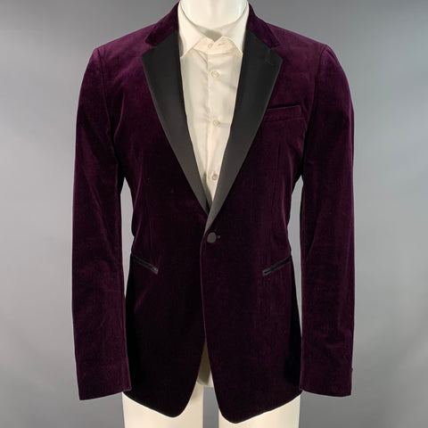 THEORY Size 40 Purple Black Velvet Satin Single Button Tuxedo Sport Coat